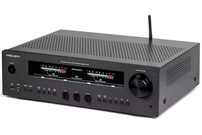 Premiera A3S amplifier ready for firmware update with accessible rear USB port.