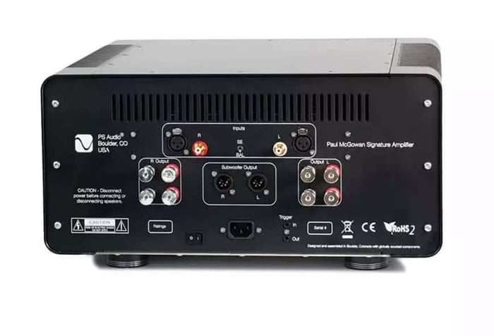 Rear panel of PS Audio PMG Signature amplifiers showing inputs and outputs