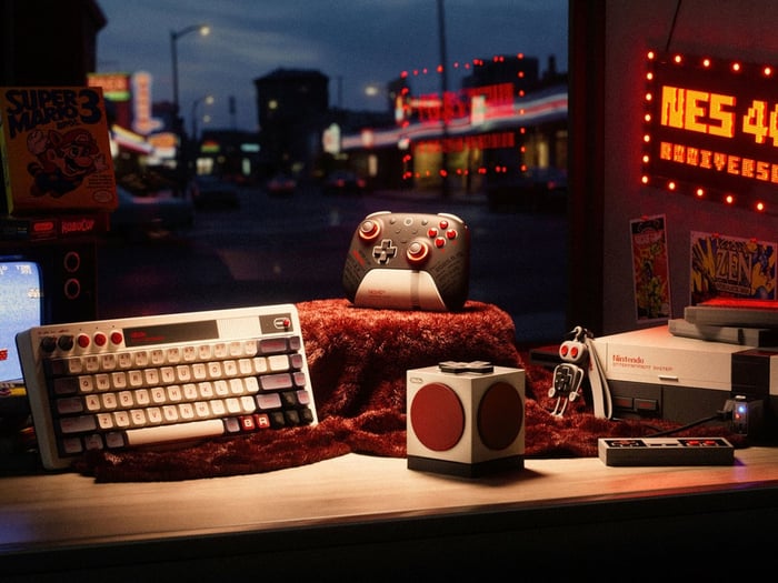 Retro Cube 2 speaker on desk with matching accessories