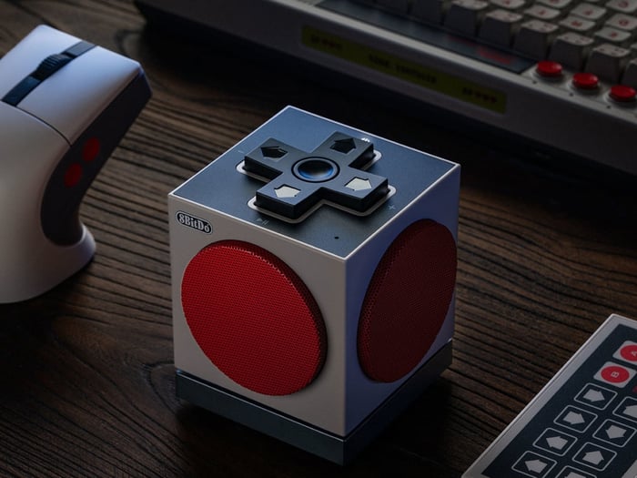 8BitDo Retro Cube 2 Speaker on desk showing NES-inspired design