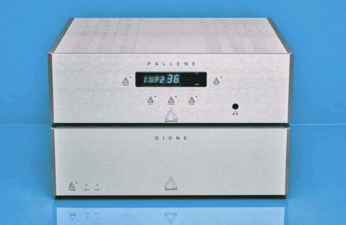 Aesthetix Pallene and Dione amplifiers side by side, showcasing sleek design in black finish