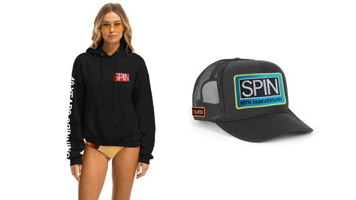 The exclusive SPIN x Aviator Nation merch collection—front and back views showcase the signature Cali-inspired design.