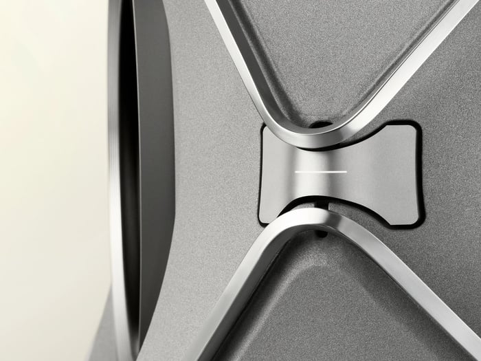 Side view spotlighting the angular design