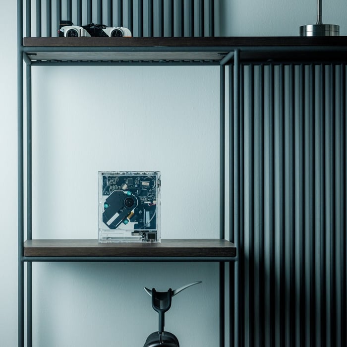 Side angle highlighting the square, transparent design of ClearFrame CD Player