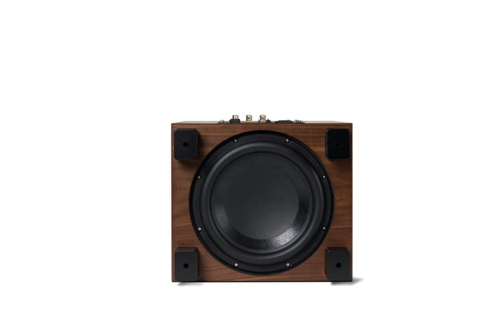 Bottom view of the REL Classic 99 subwoofer showing the Neutrik connector and downward-firing woofer