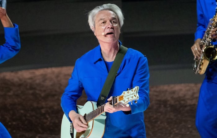 David Byrne on acoustic guitar