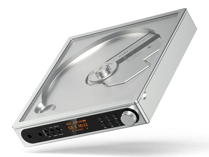 Front panel with playback controls and volume dial