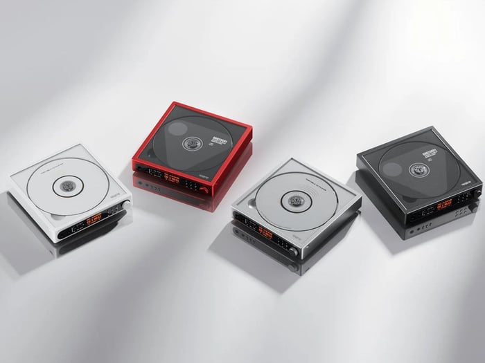 Transparent top panel reveals spinning CD