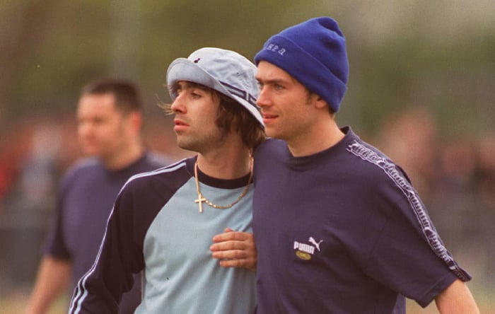 Liam Gallagher and Damon Albarn taking part in the Music Industry Soccer Six Tournament in 1996