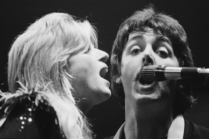 Paul and Linda McCartney performing with Wings in London in 1976
