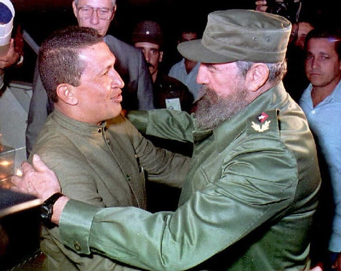 Hugo Chavez greeted by Fidel Castro in Cuba after prison release