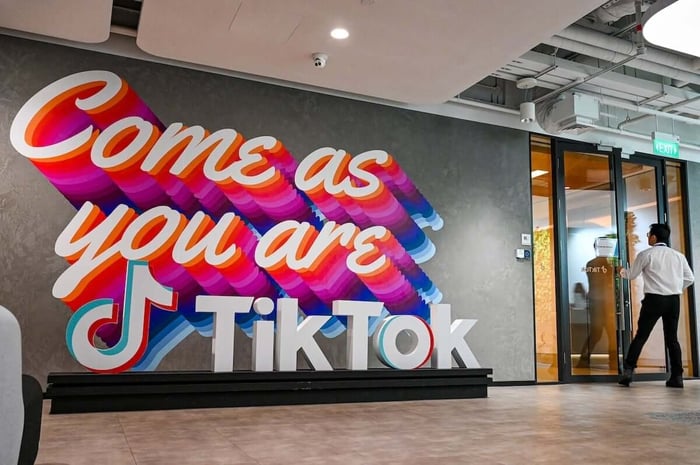 TikTok logo at company headquarters in Singapore