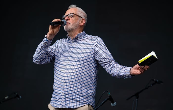 Jeremy Corbyn addresses the audience at Wide Awake Festival. Credit - Lorne Thomson/Redferns