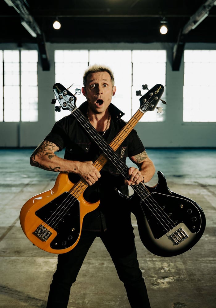 Close-up of Mike Dirnt’s signature Epiphone Grabber G-3 bass guitar