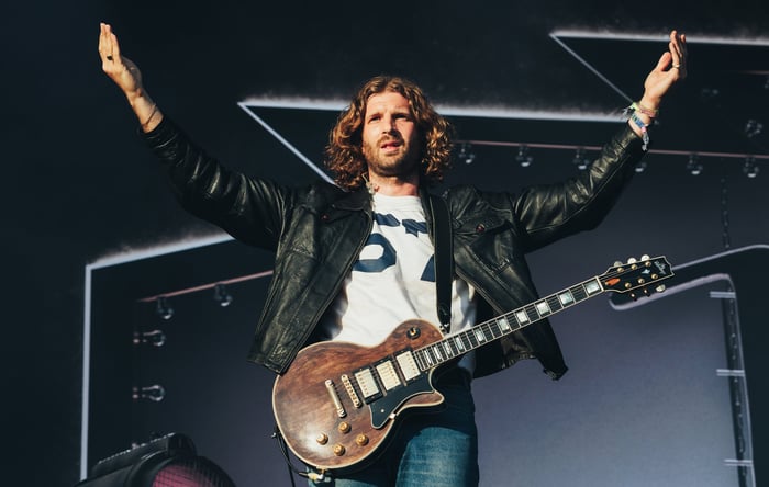 Wolf Alice's Joff Oddie live at Glastonbury 2025, photo by Andy Ford