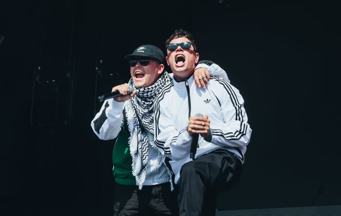 Kneecap’s Mo Chara and Móglaí Bap perform at Glastonbury 2025