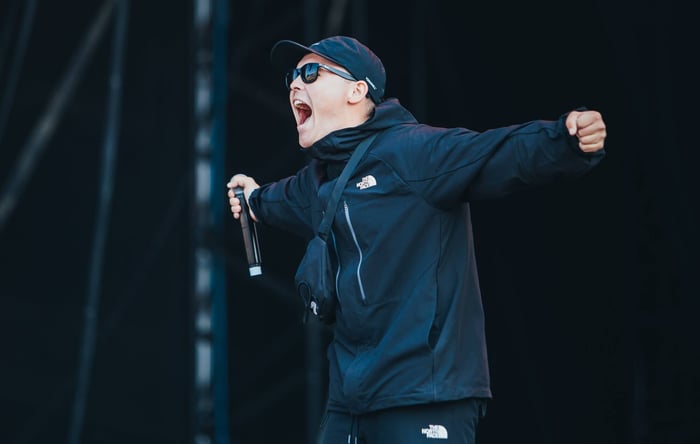 Mo Chara of Kneecap live at Reading 2024, photo by Andy Ford