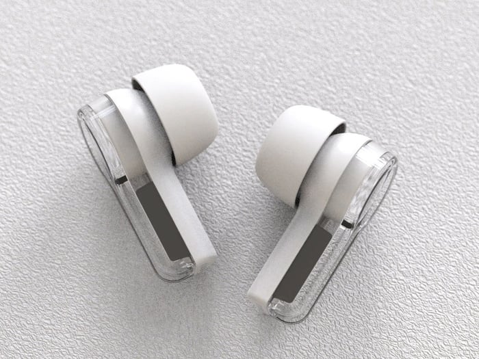 Earbuds resting in the charging case, emphasizing minimalist interaction.