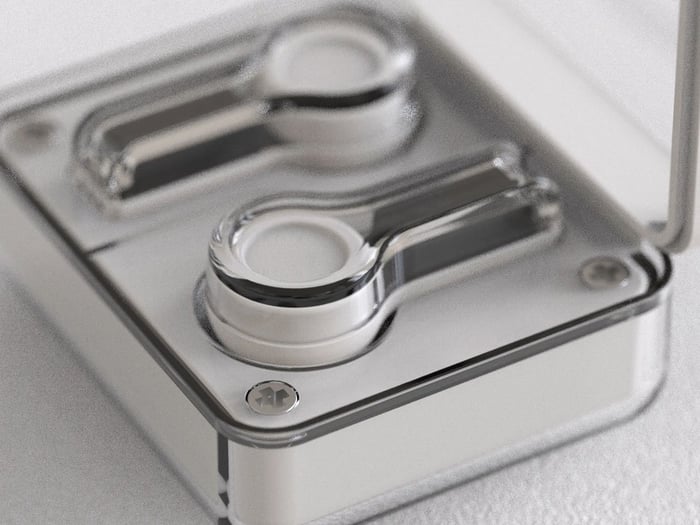 Side profile of the earbuds highlighting their sleek design.