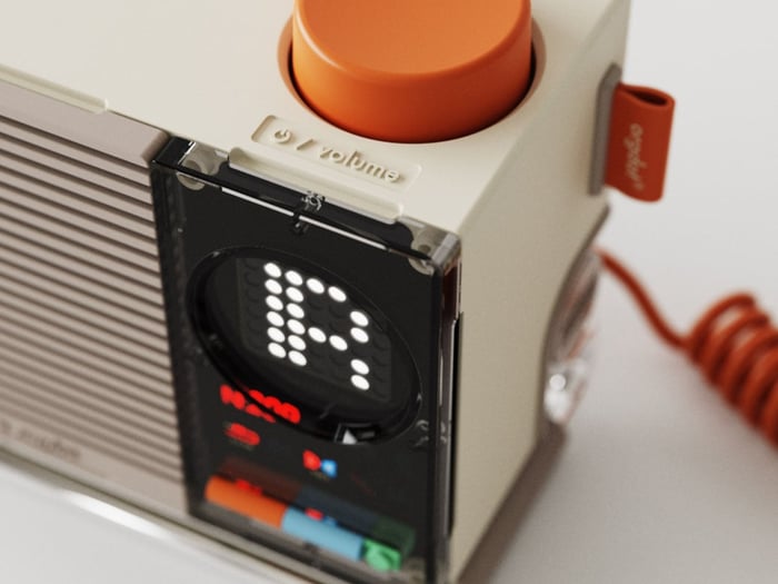 Front-on view of Orgdot N200 speaker with pixel display