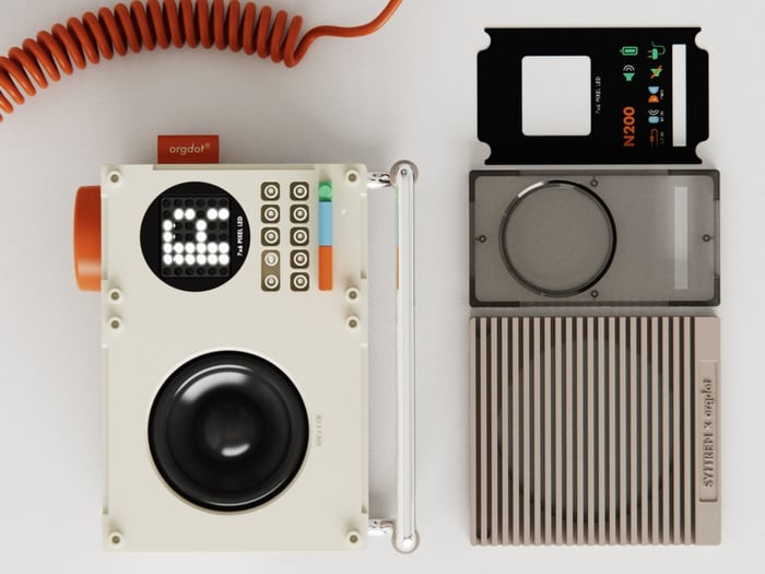 Side angle showing the metal stand and geometric shape of N200