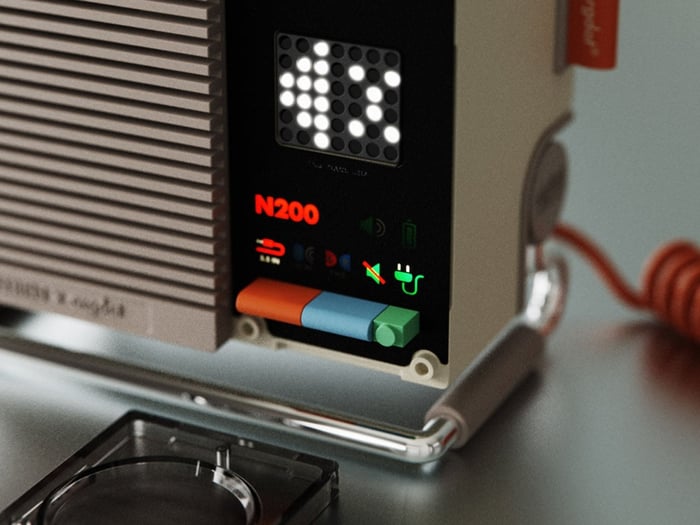 Another angle highlighting the bright orange interactive dial