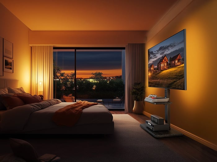 AuraFrame TV stand with RGB lighting down the sides