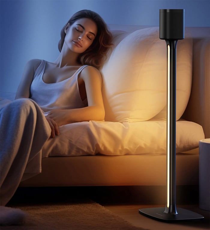SonicBeam speaker stands with vertical RGB lighting