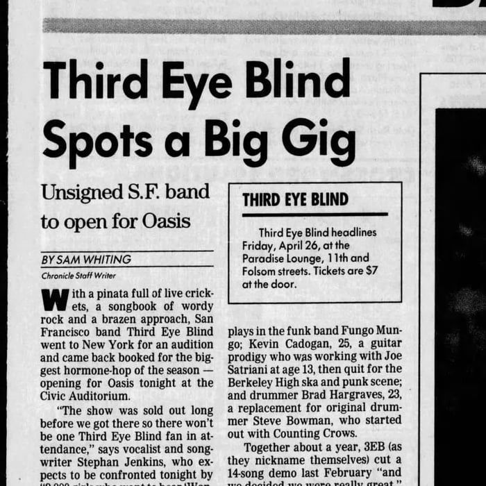 San Francisco Chronicle newspaper clipping from 1996 mentioning Third Eye Blind opening for Oasis
