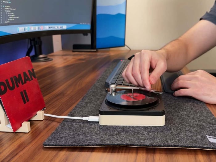 Close-up of the record player components