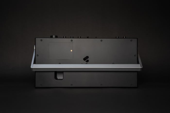 Boombox angled view highlighting battery compartment