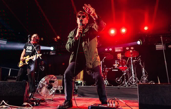Yard Act performing at Glastonbury 2022, photo by Andy Ford