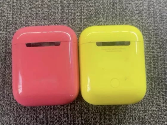 Close-up on colorful AirPods prototypes