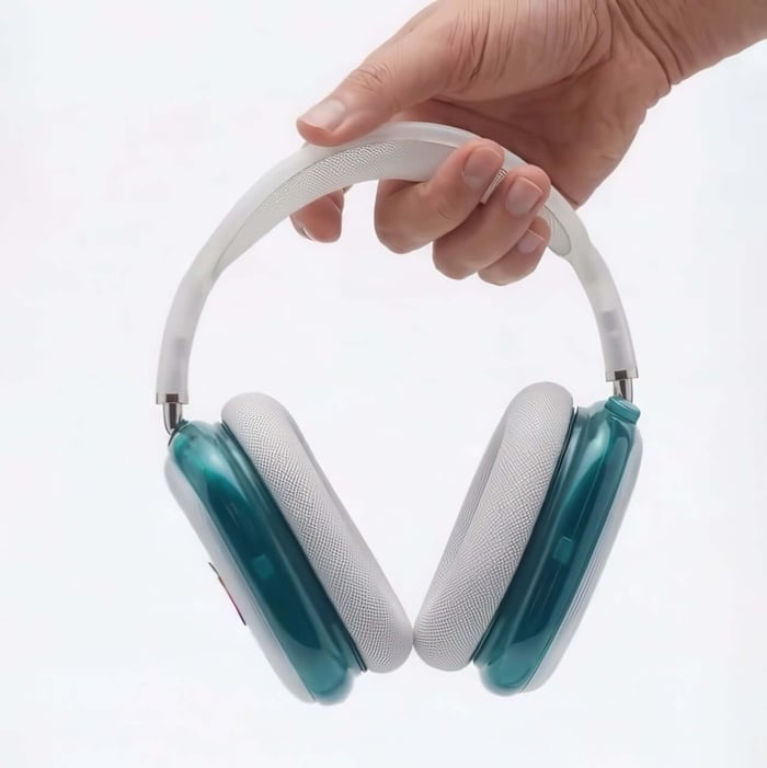 Translucent blue and white AirPods Max glowing with retro vibes