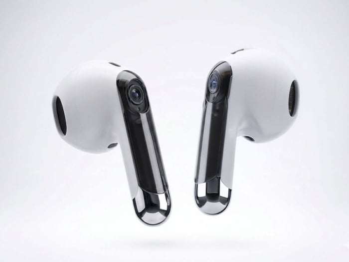 Close-up of AirPods Ultra with integrated IR sensors
