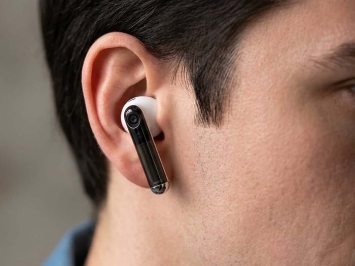 Sleek side profile of AirPods Ultra emphasizing compact sensor integration