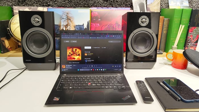 Rear view of Philips Fidelio FA3 speakers showing connectivity options