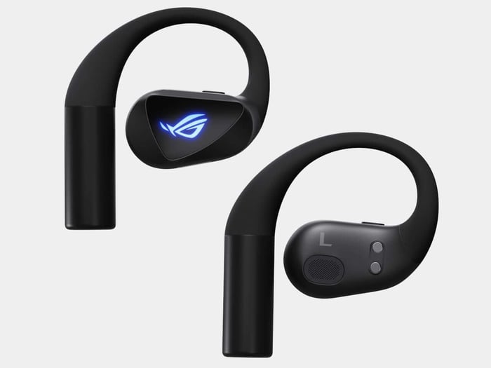 Side view showcasing the open-ear fit of ROG Cetra Open Wireless earbuds