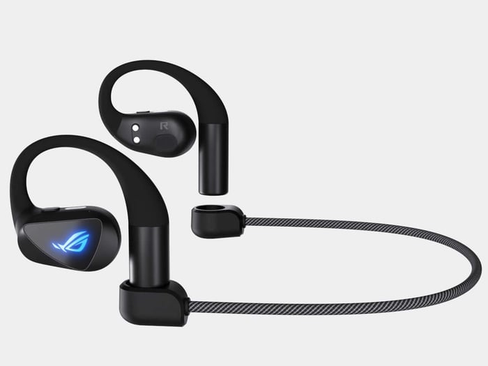 ROG Cetra Open Wireless earbuds alongside their USB-C 2.4GHz dongle