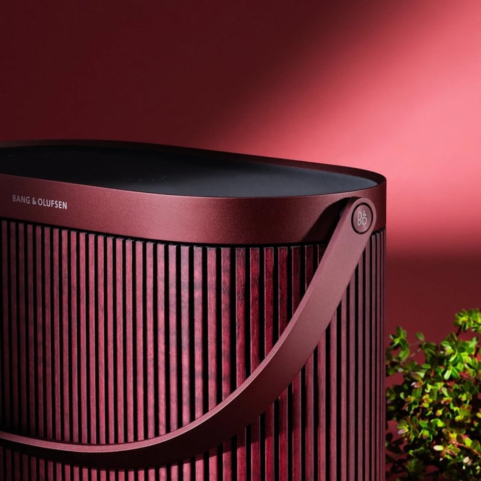 Beosound A5 angled shot showcasing the vintage-inspired weave design