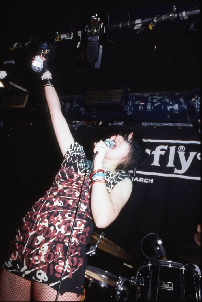 Karen O of the Yeah Yeah Yeahs live at the Barfly in April 2002. (Photo by Martyn Goodacre/Getty Images)