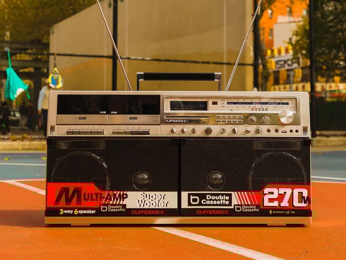 Wide-angle shot of the BB-777 boombox showcasing its classic 80s style.