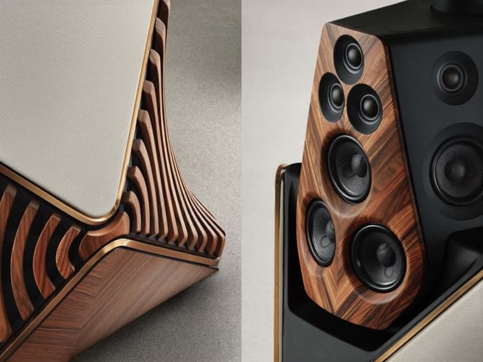 The speaker’s rosewood slats curve smoothly, echoing Danish furniture heritage