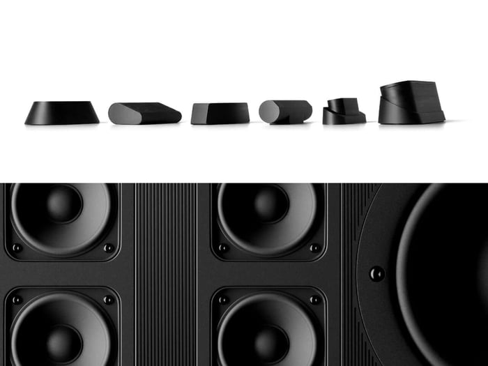 Close-up of wooden slat panel hiding projector lens