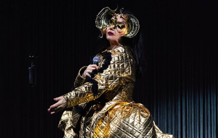 Björk performing live in 2023, showcasing her dynamic stage presence
