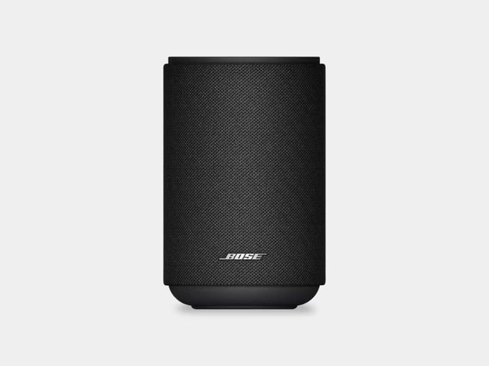 Lifestyle Ultra Speaker angled profile showcasing elegant fabric wrap