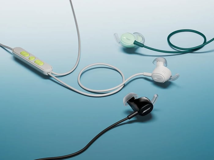 Bose wired earbuds arranged for a product detail view