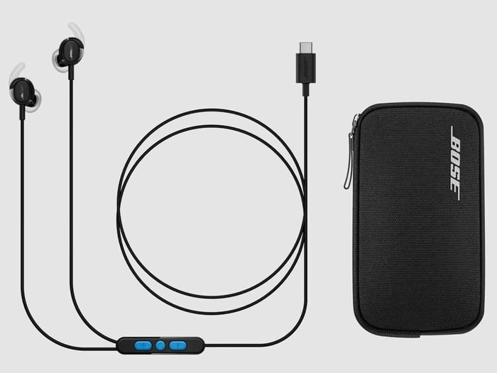 Bose wired earbuds highlighting the cable connection and earbud housing