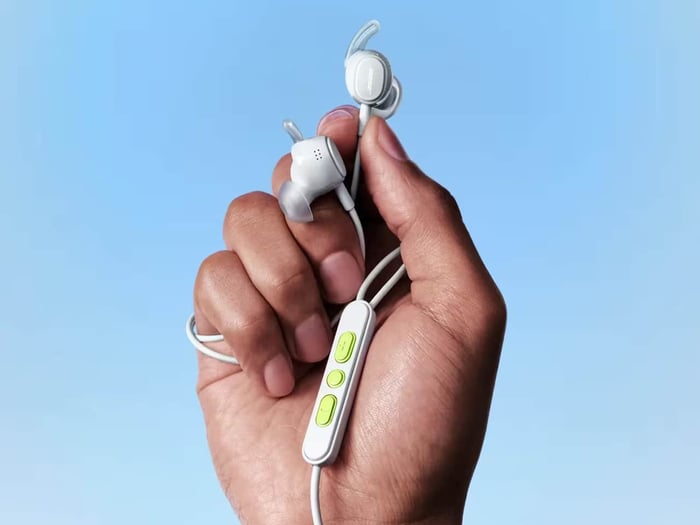Close-up view of Bose wired earbuds compact design