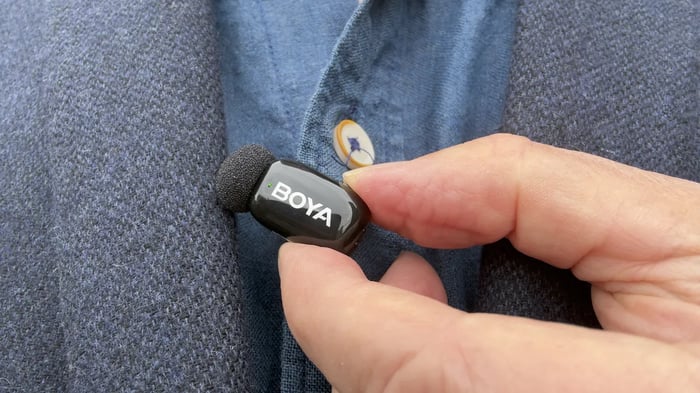 Boya Mini 2 transmitters clipped on shirt